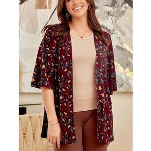 B44 Wrinkle Free Open front Cardigan Print Wine Red NEW